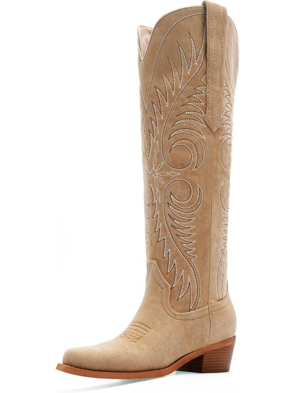 Women Tan Camel Faux Leather Knee High Cowgirl Pointed Toe Chunky Heel Boot
